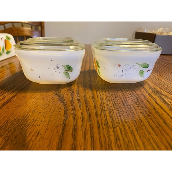 5 pc Fire King Gay Fad Fruit Loaf Pan - (2) Refrigerator Dish with glass lid - Picture 5 of 10